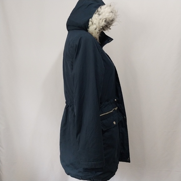 Tiffosi Navy Blue Hooded White Faux Fur Zip Up Button Down Long Sleeve Jacket M - Picture 14 of 15